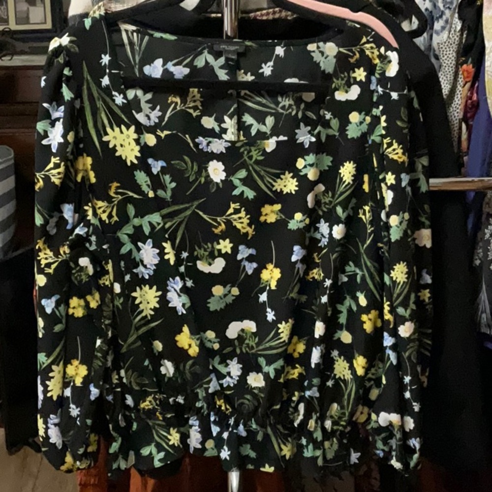 Ann Taylor black floral blouse with cinched bottom